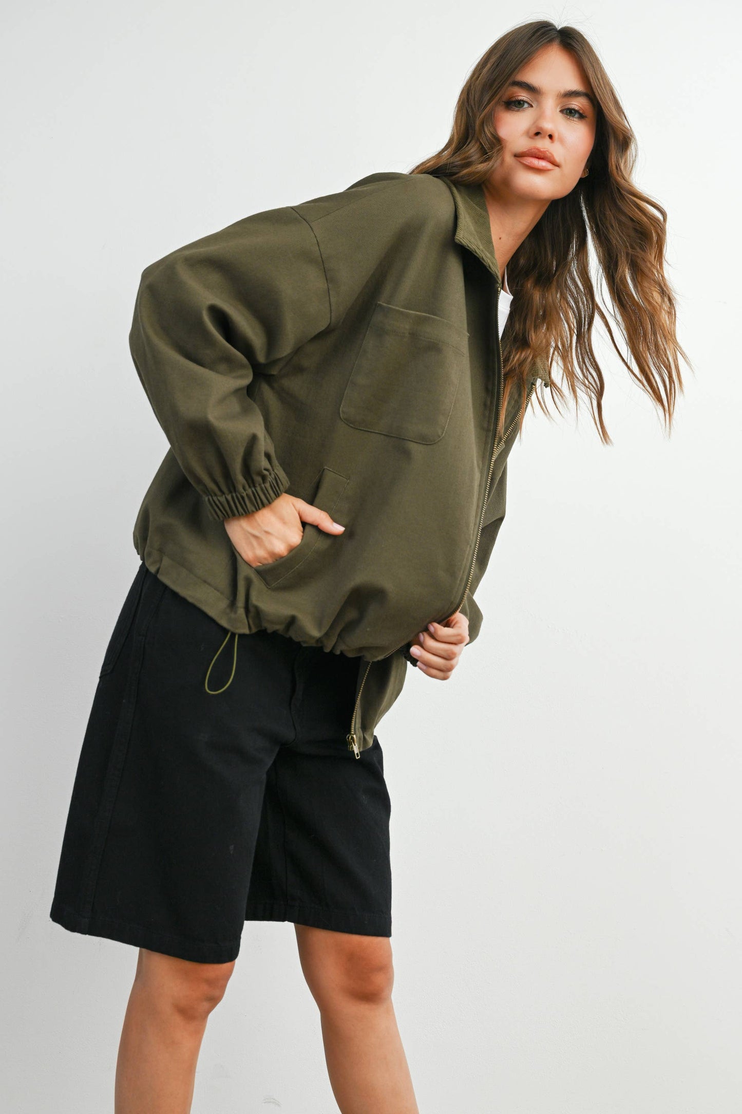 BUTTERMELON - Cord Collar Zip-Front Long Sleeve Jacket - BMJ7780 - KHAKI / S