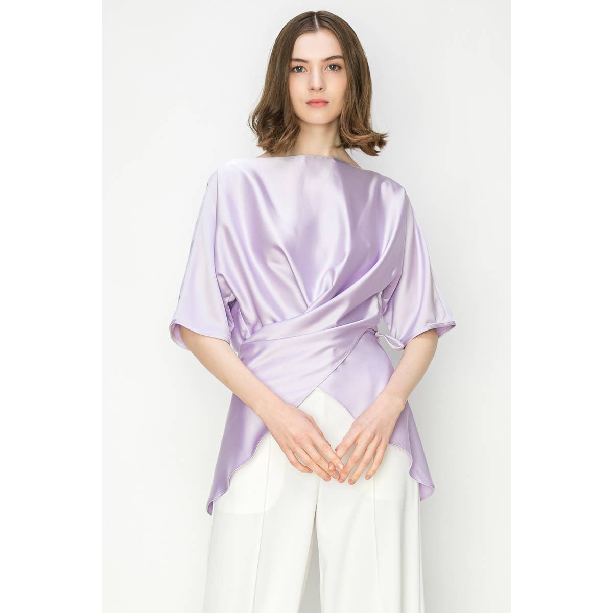 Satin Short Sleeve Side WrapTie Blouse