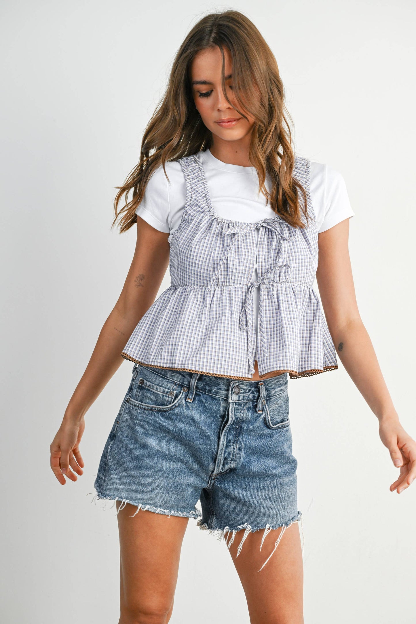 BUTTERMELON - Tie-Front Sleeveless Peplum Top - BMT7875 - BROWN MULTI / L