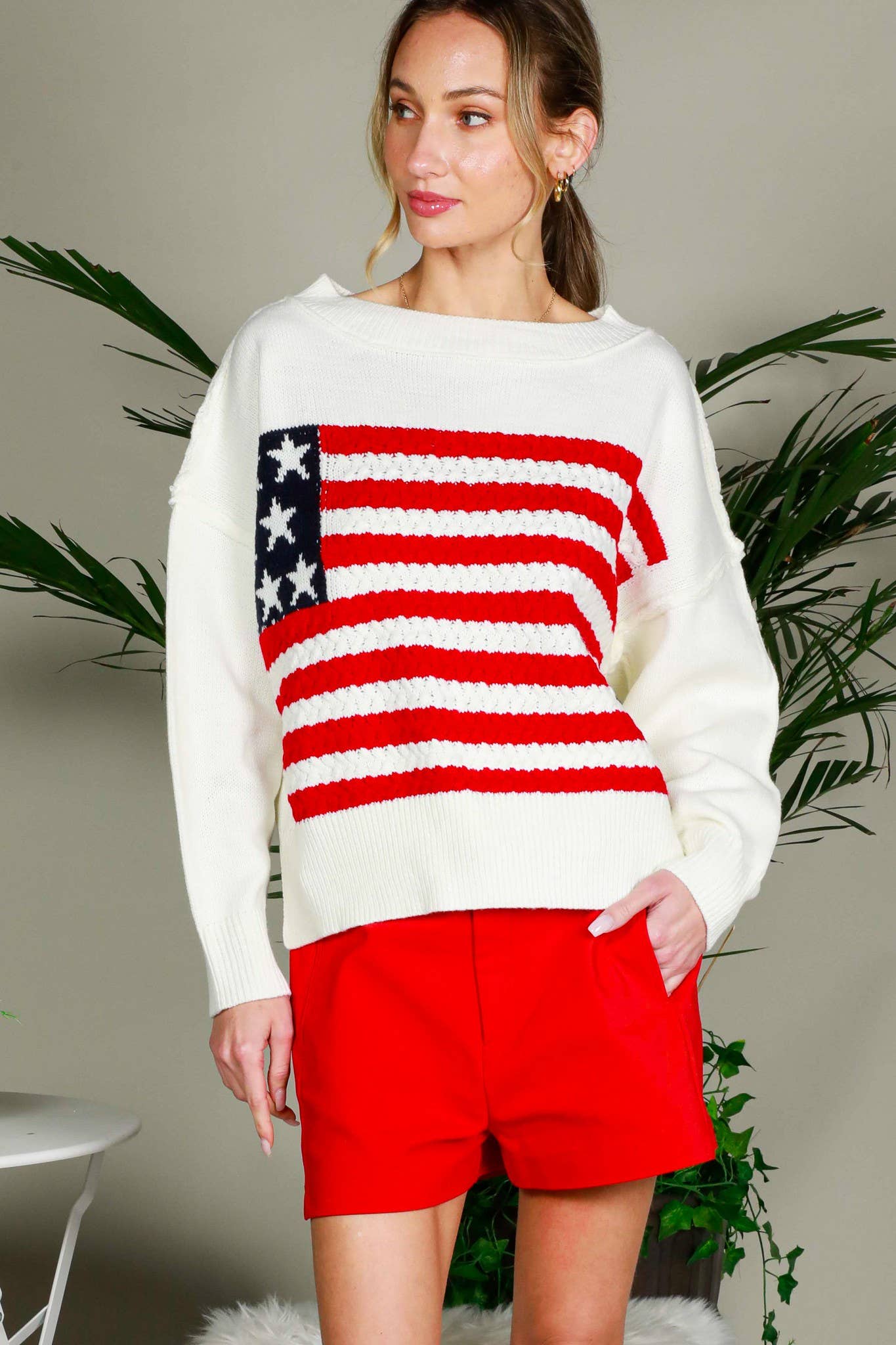 USA Flag Boat Neck Knit Sweater Top VT82059