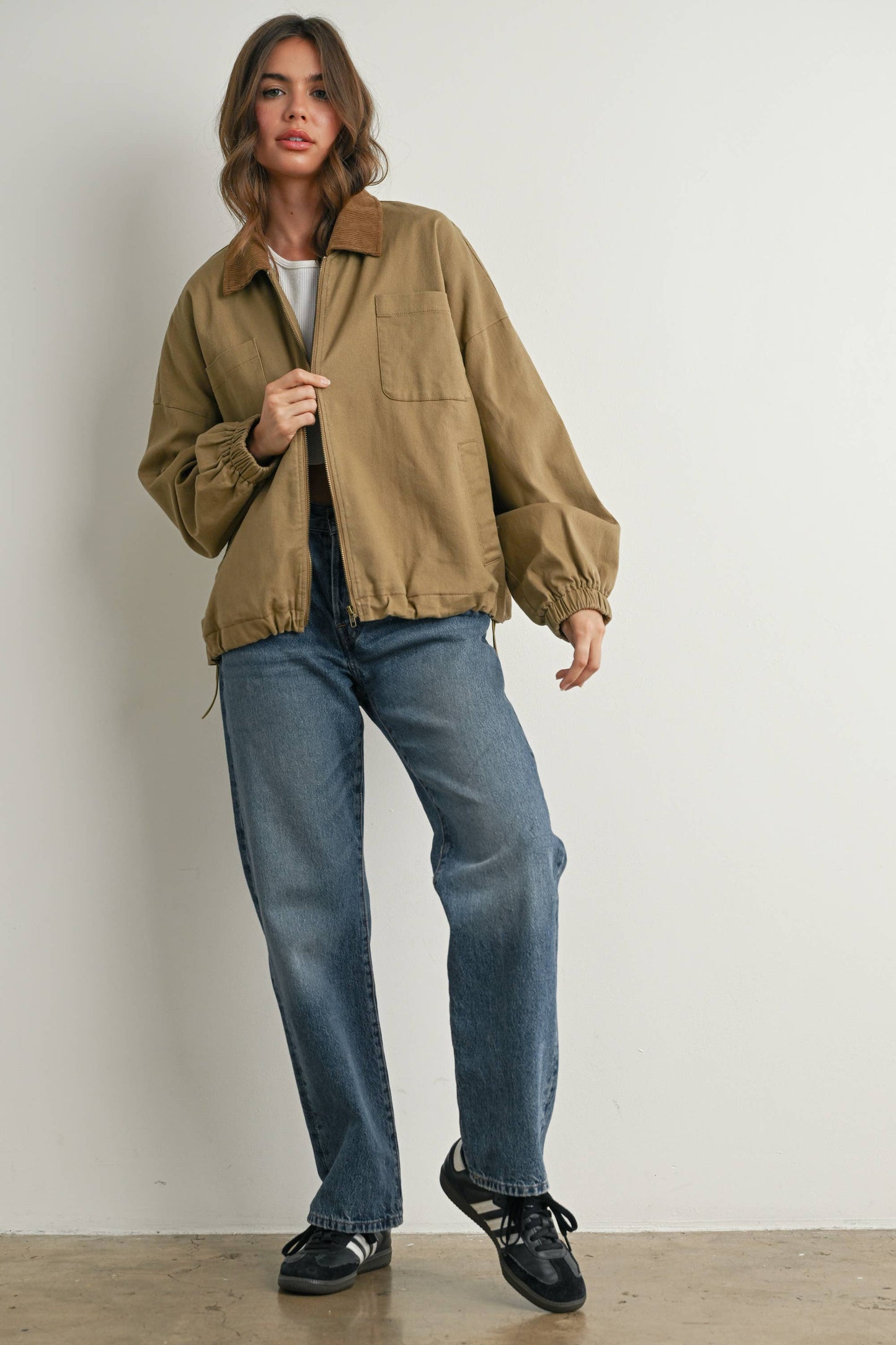 BUTTERMELON - Cord Collar Zip-Front Long Sleeve Jacket - BMJ7780 - KHAKI / M