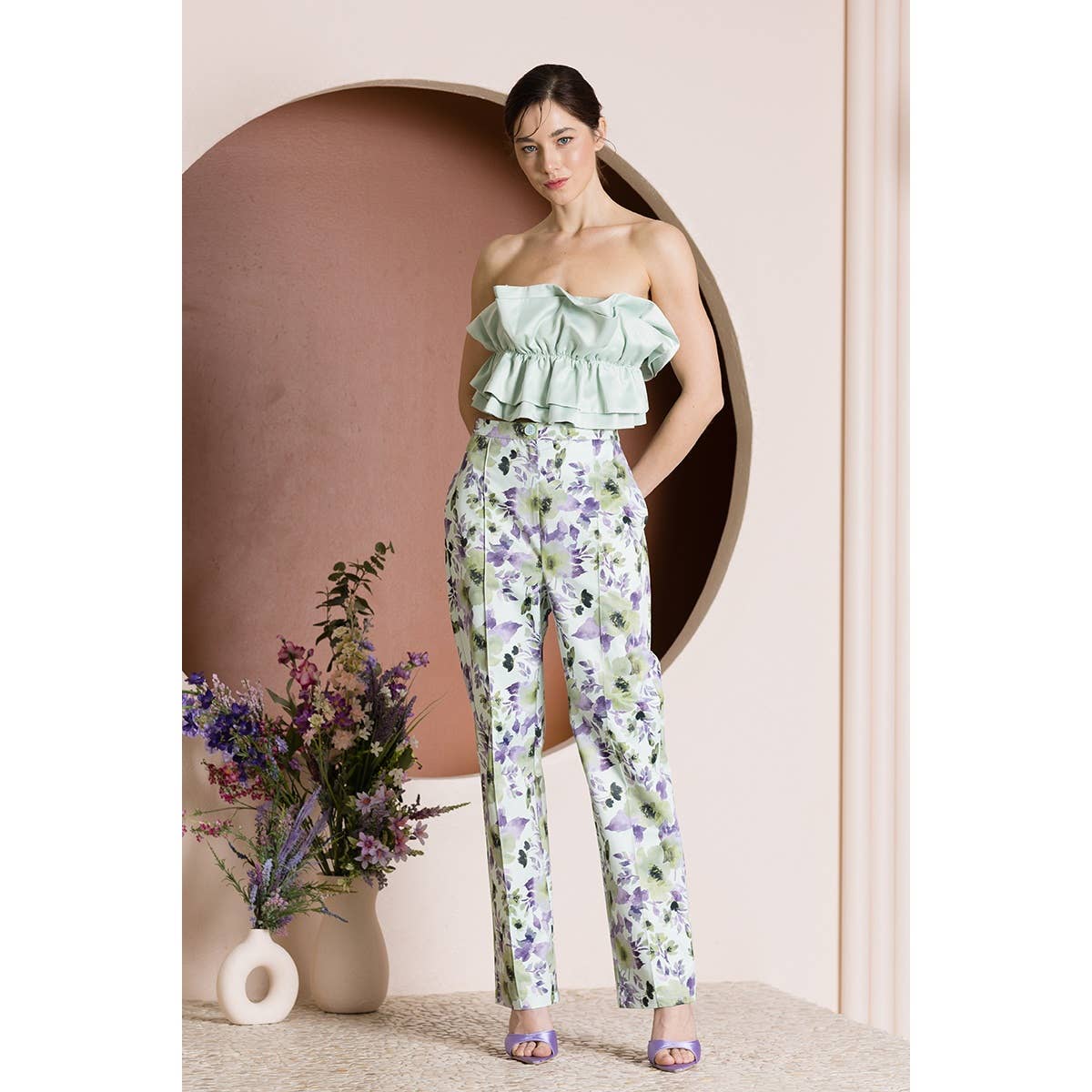 Satin two layers big ruffles strapless top