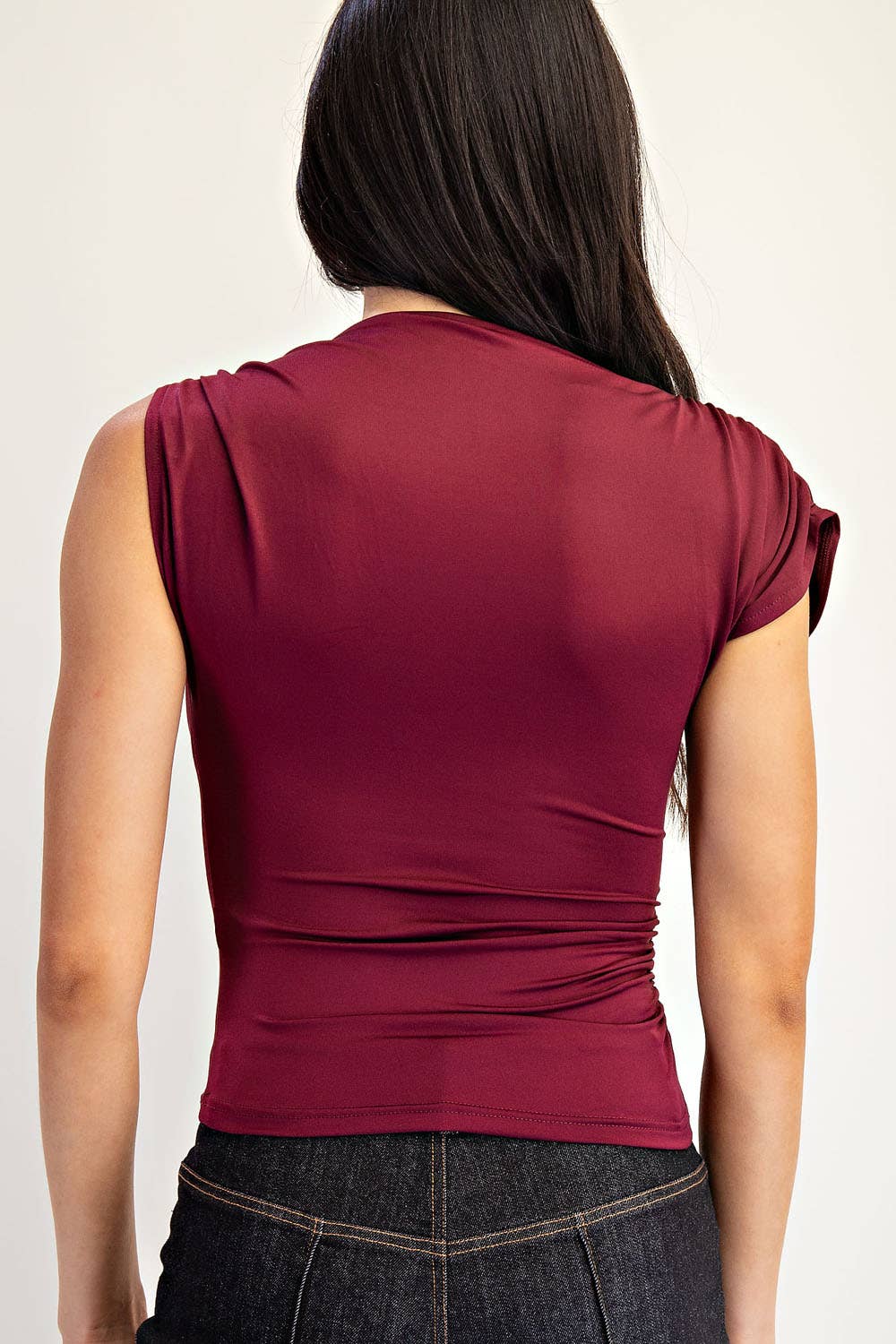 Edit by Nine - Asymmetrical Shoulder Ruched Top with Gold Trim