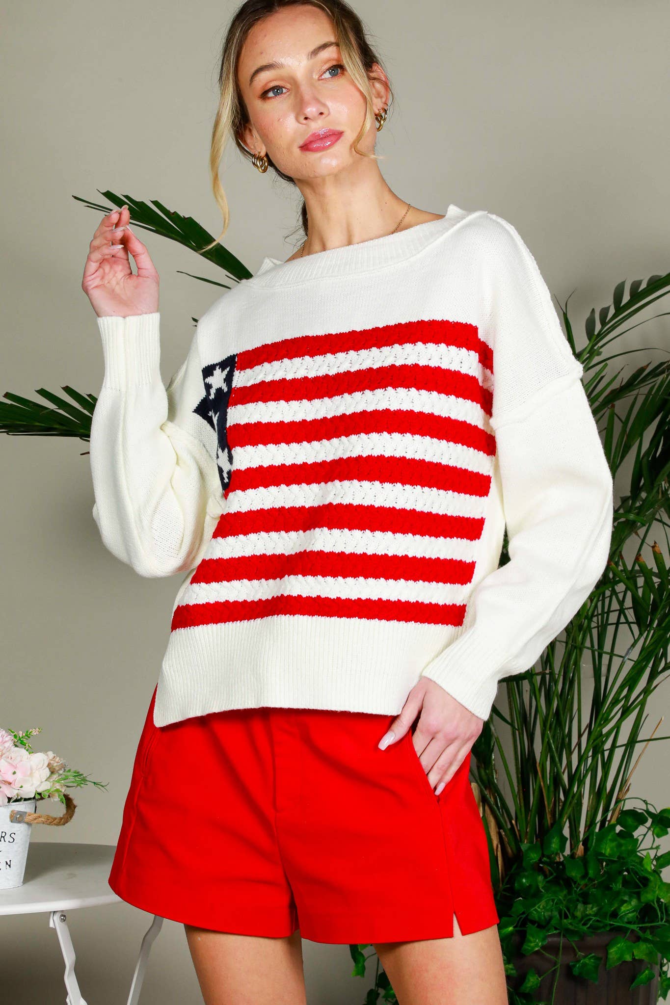 USA Flag Boat Neck Knit Sweater Top VT82059
