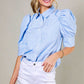 Collared Neckline Puff Sleeve Stripe Print Blouse Top