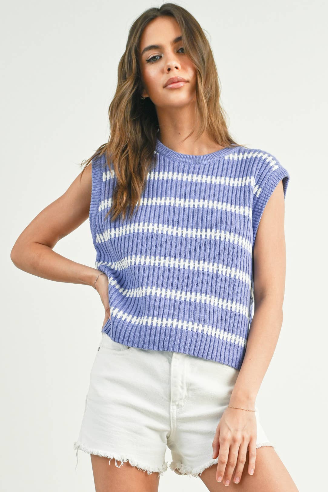 Crew Neck Striped Knit Tank Top