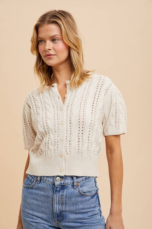 CABLE KNIT PUFF SLEEVE CARDIGAN