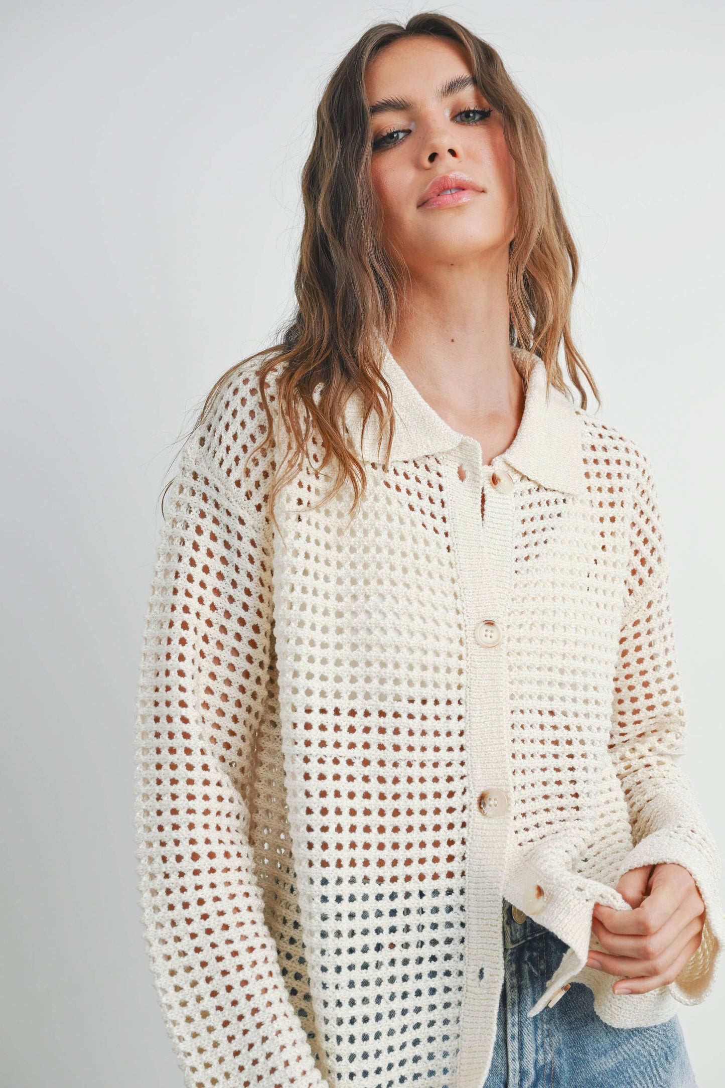 BUTTERMELON - Open Stitch Crochet Collar Cardigan - BMW7465 - Ivory / M