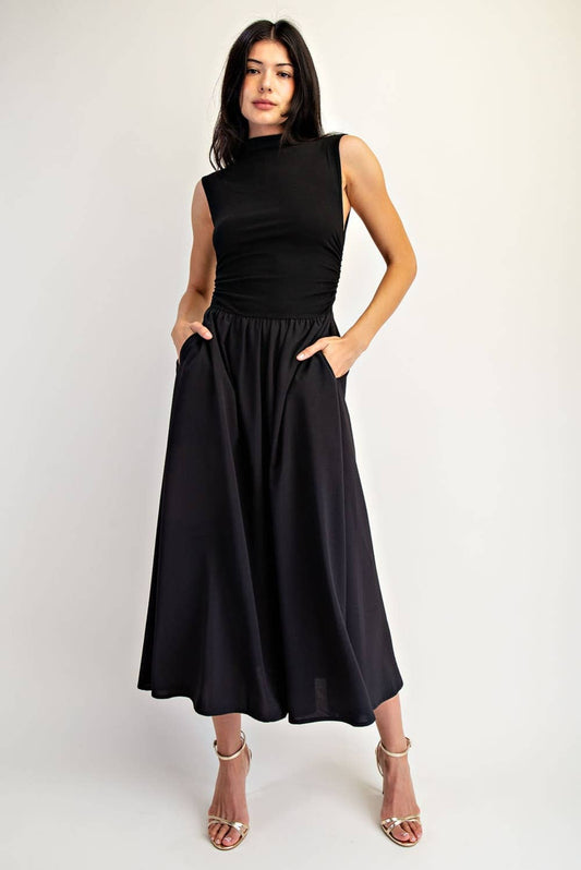 Sleeveless High Neck Ruched Midi Dress with Pockets