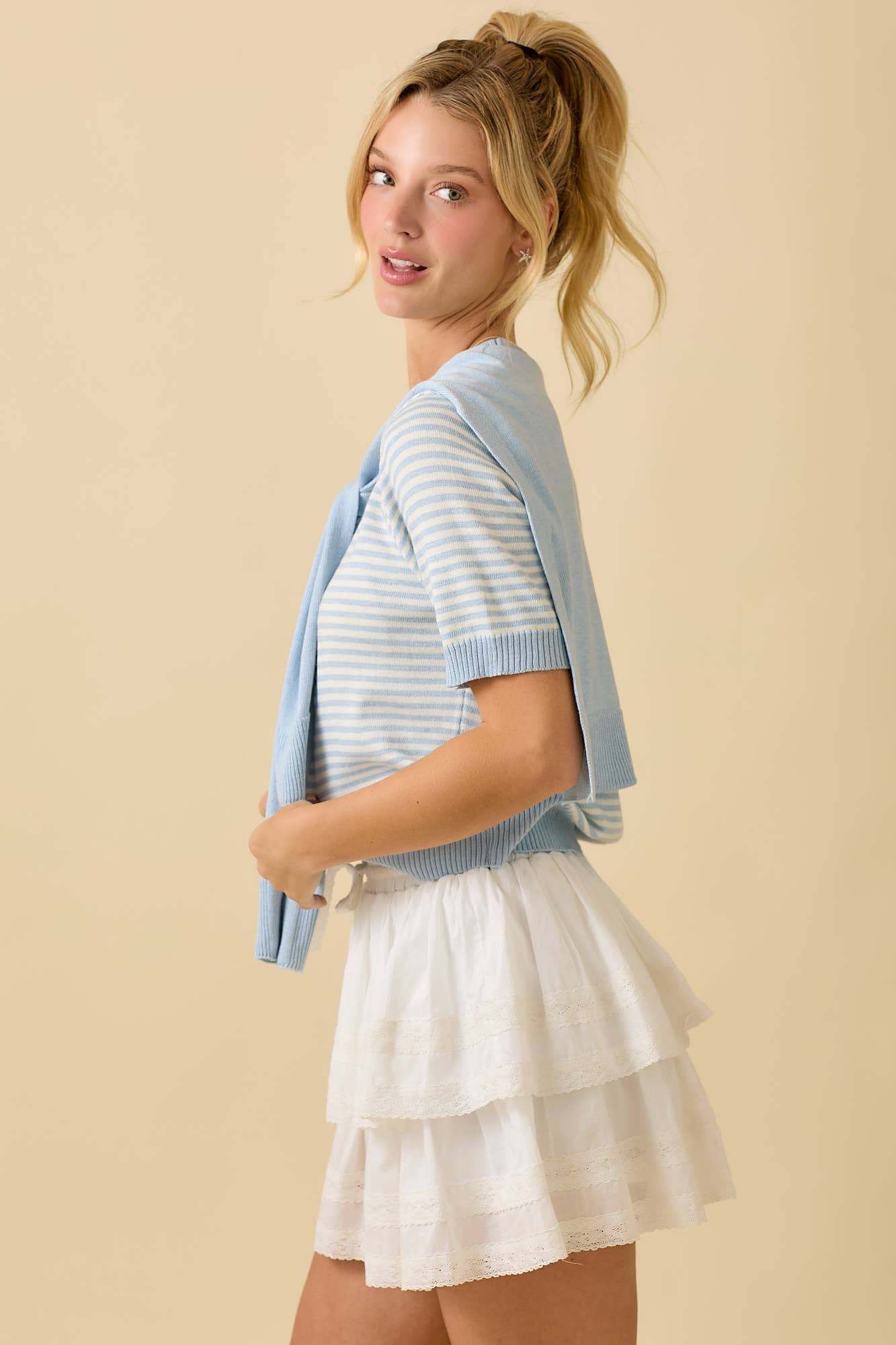 Main Strip - Sweater Shawl Wrap Set With Stripe Knit Top
