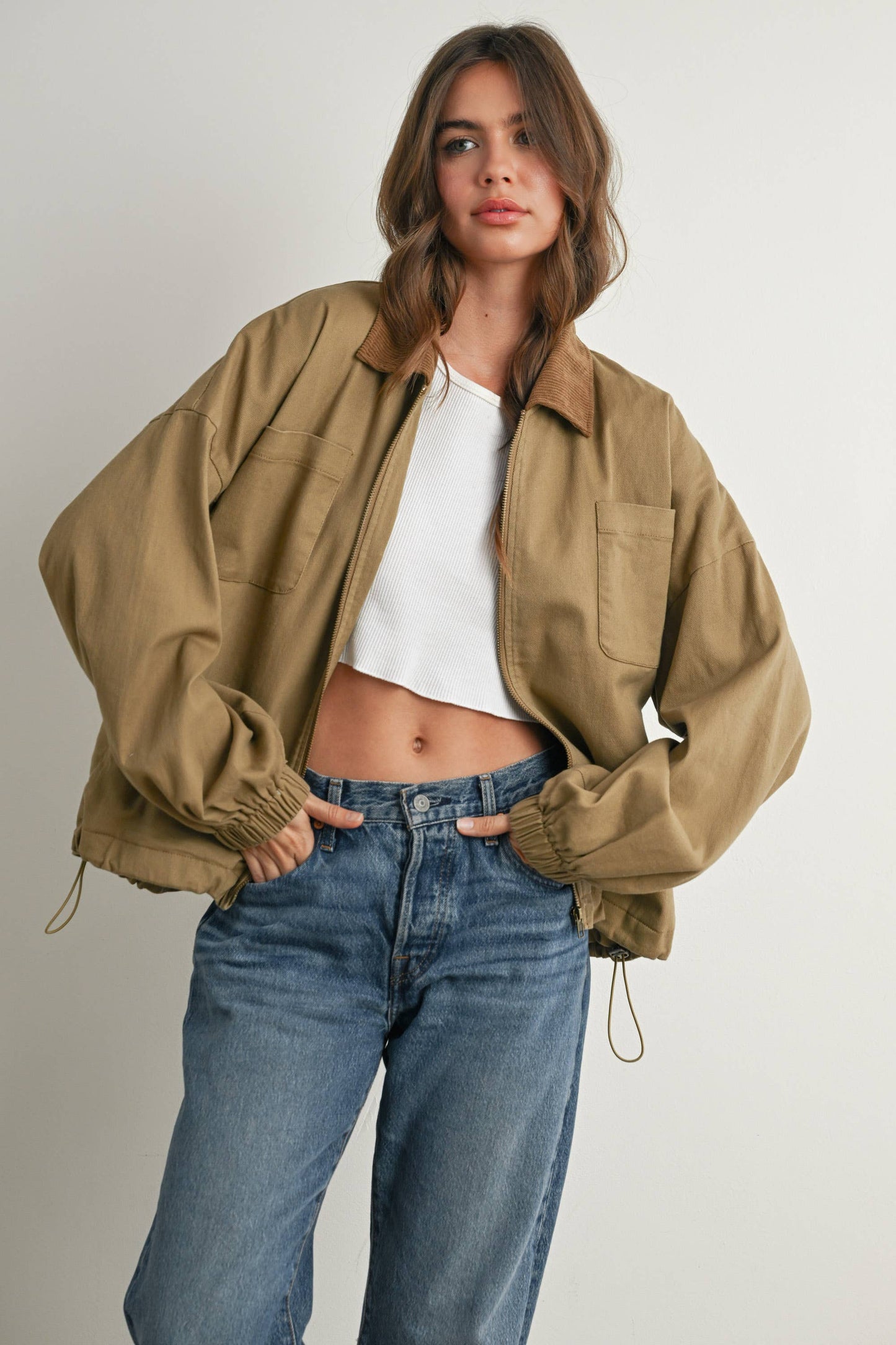 BUTTERMELON - Cord Collar Zip-Front Long Sleeve Jacket - BMJ7780 - KHAKI / M