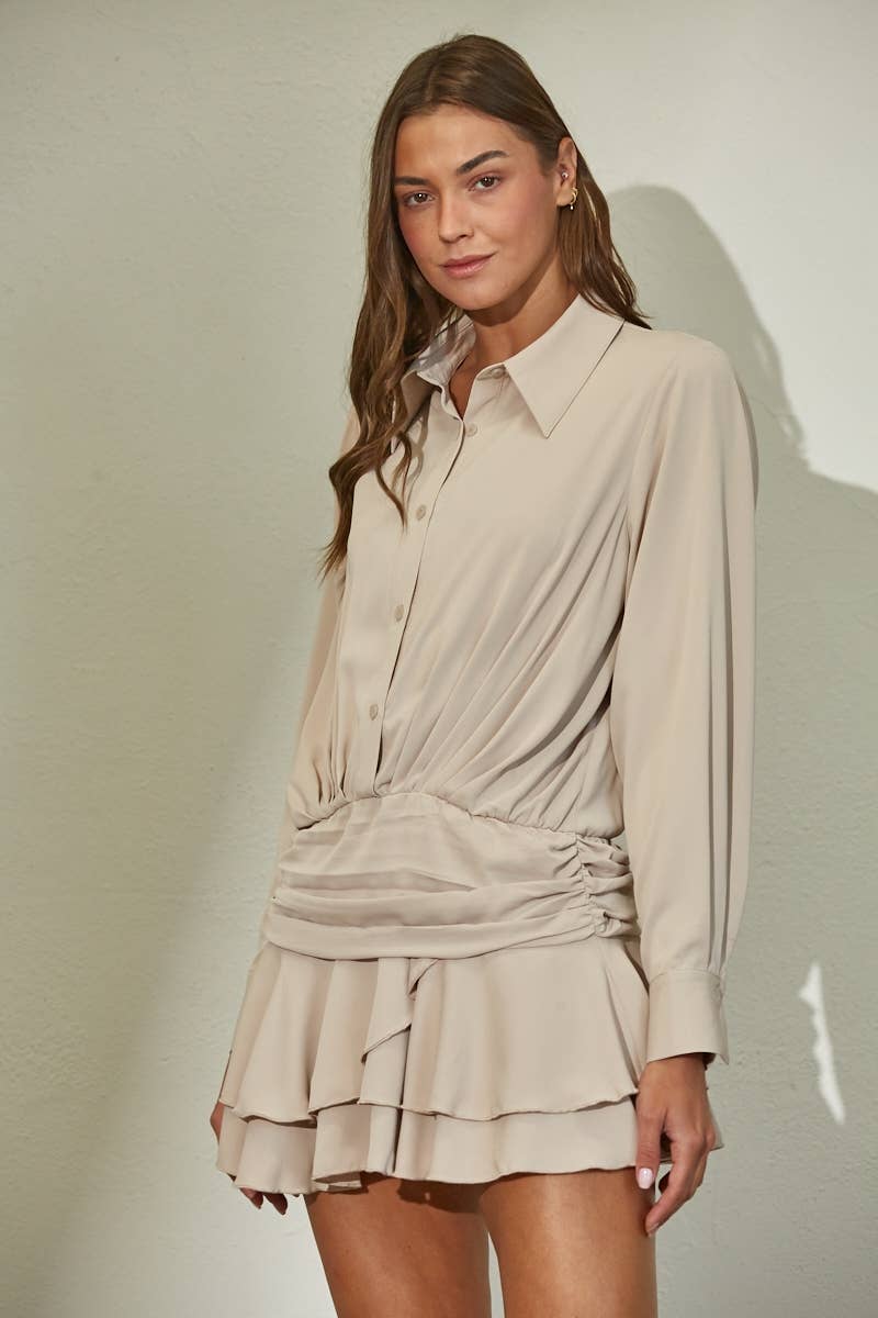 Tiered Ruffle Hem Flowy Woven Shirt Dress