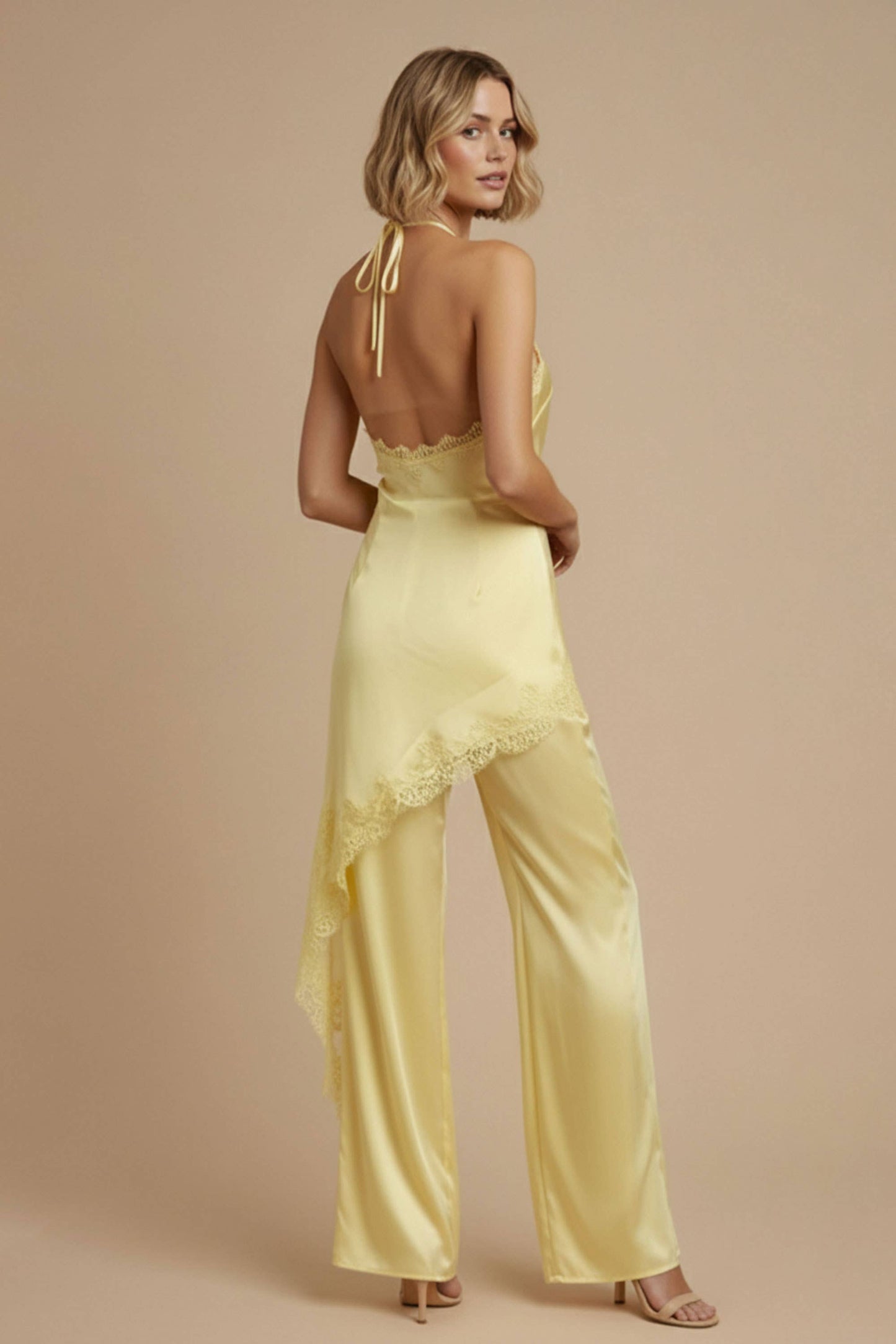 SKYLAR ROSE - Satin Lace Halter Jumpsuit - LIGHT BLUE / M