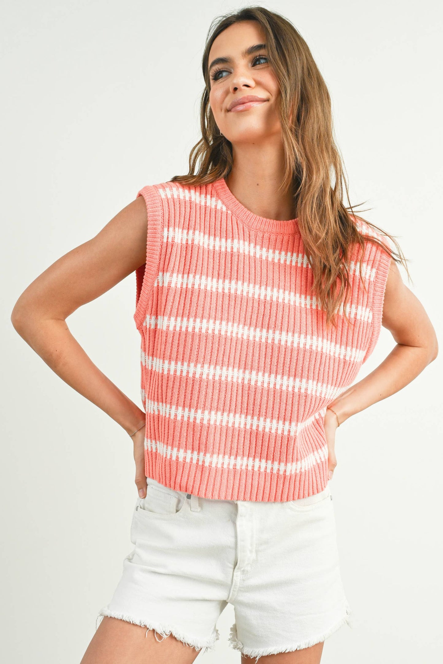 Crew Neck Striped Knit Tank Top