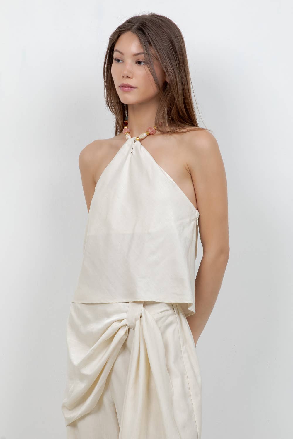 Whiteroom+Cactus - SOFT WOVEN HALTER TOP WITH BEAD ACCENT - Cream / M