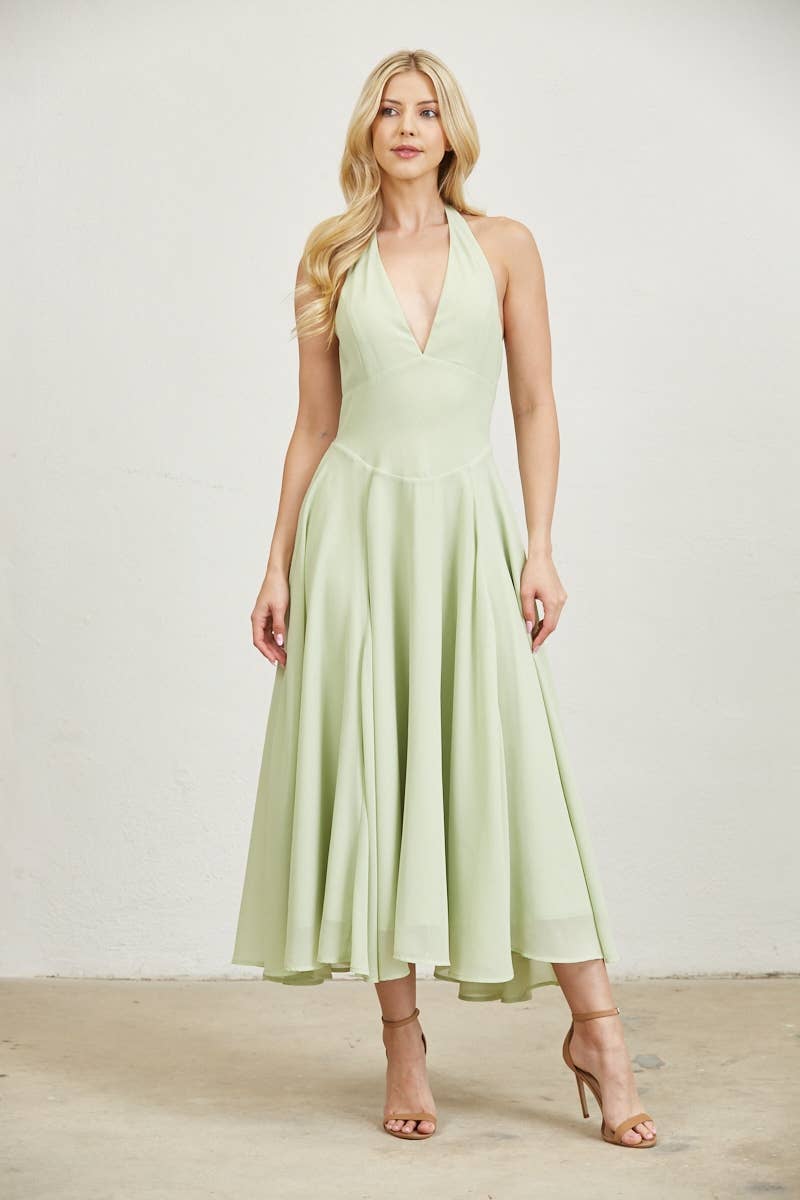 Plunge Neckline Halter Flare Chiffon Midi Dress