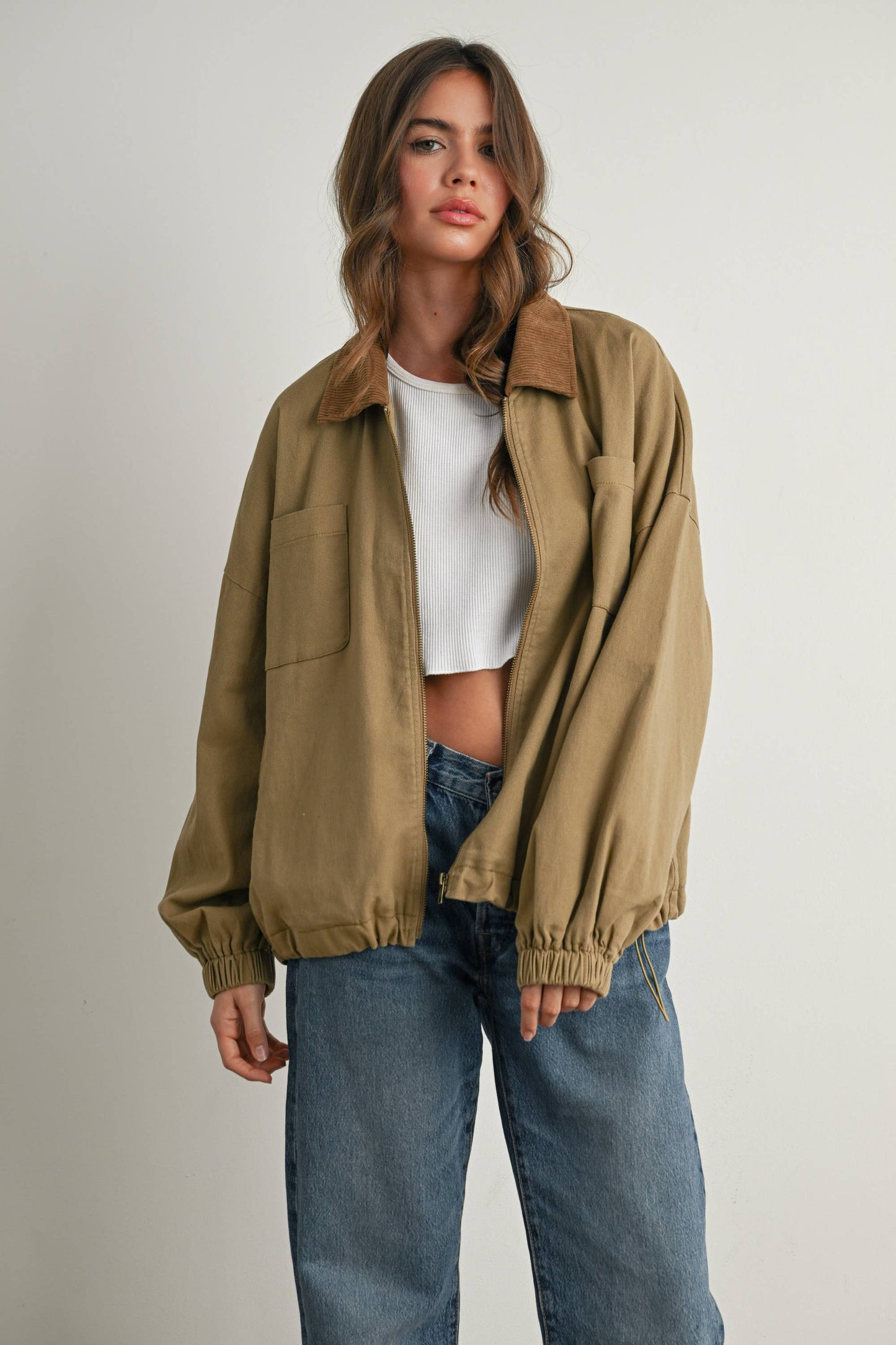 BUTTERMELON - Cord Collar Zip-Front Long Sleeve Jacket - BMJ7780 - KHAKI / L