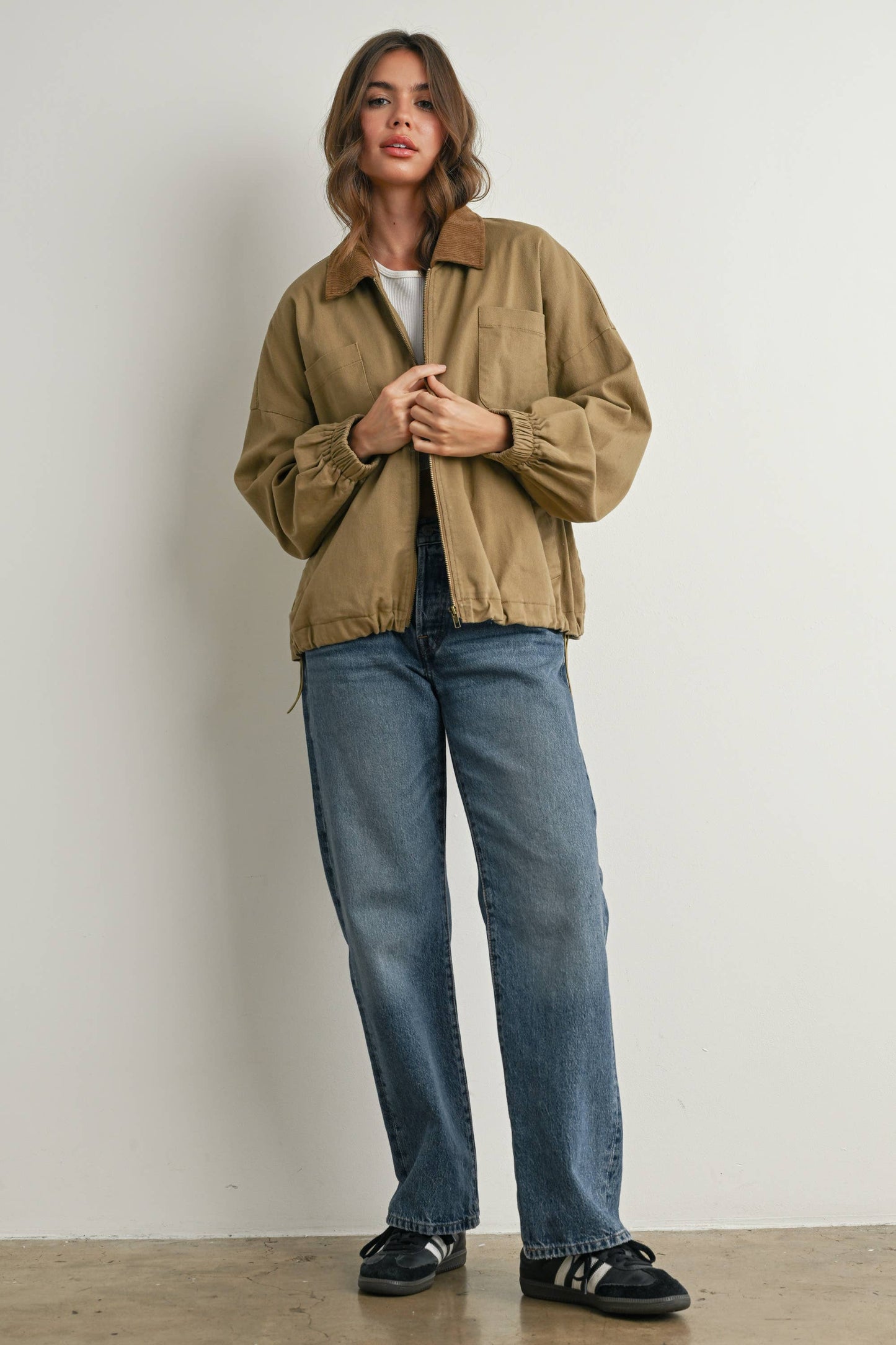 BUTTERMELON - Cord Collar Zip-Front Long Sleeve Jacket - BMJ7780 - KHAKI / S