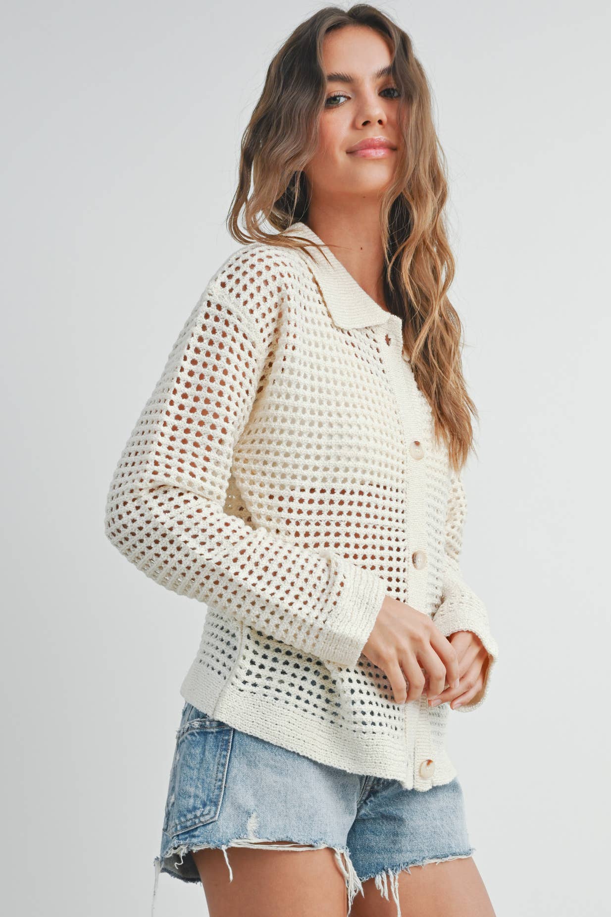 BUTTERMELON - Open Stitch Crochet Collar Cardigan - BMW7465 - Ivory / M