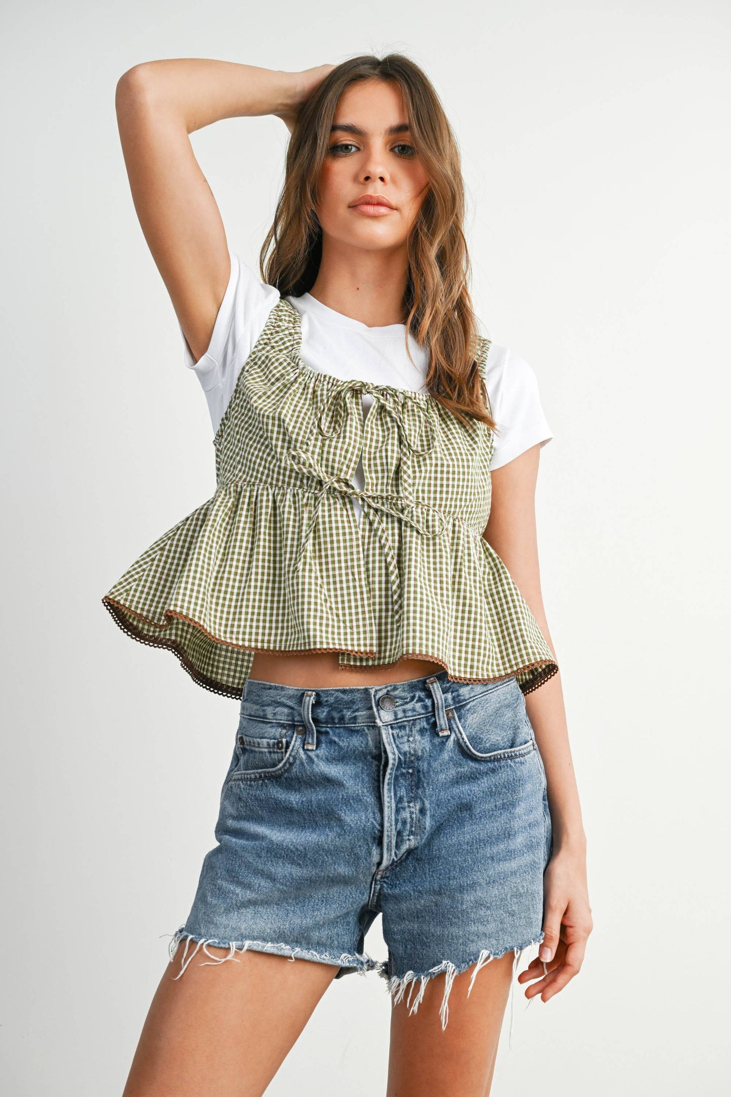 BUTTERMELON - Tie-Front Sleeveless Peplum Top - BMT7875 - BROWN MULTI / M