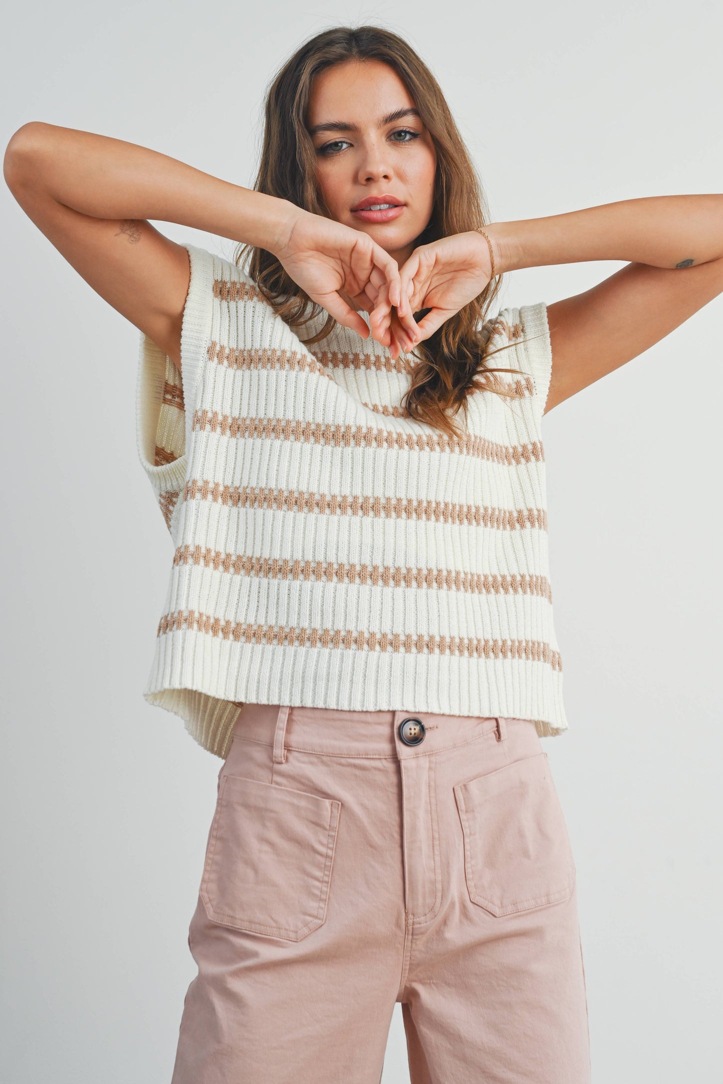 Crew Neck Striped Knit Tank Top