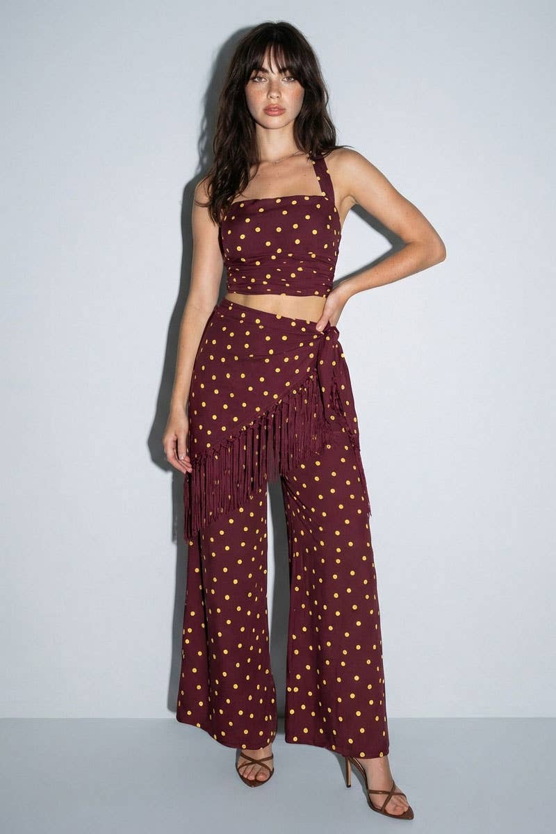 SKYLAR ROSE - Polka Dot Halter Top and Fringe Pants Set - YELLOW COMBO / M