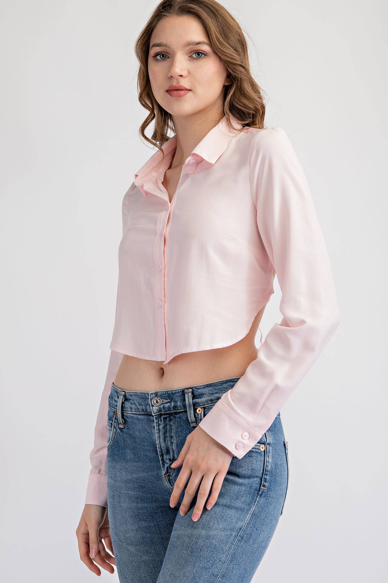 Button Down Crop Top With Open Back And Tie