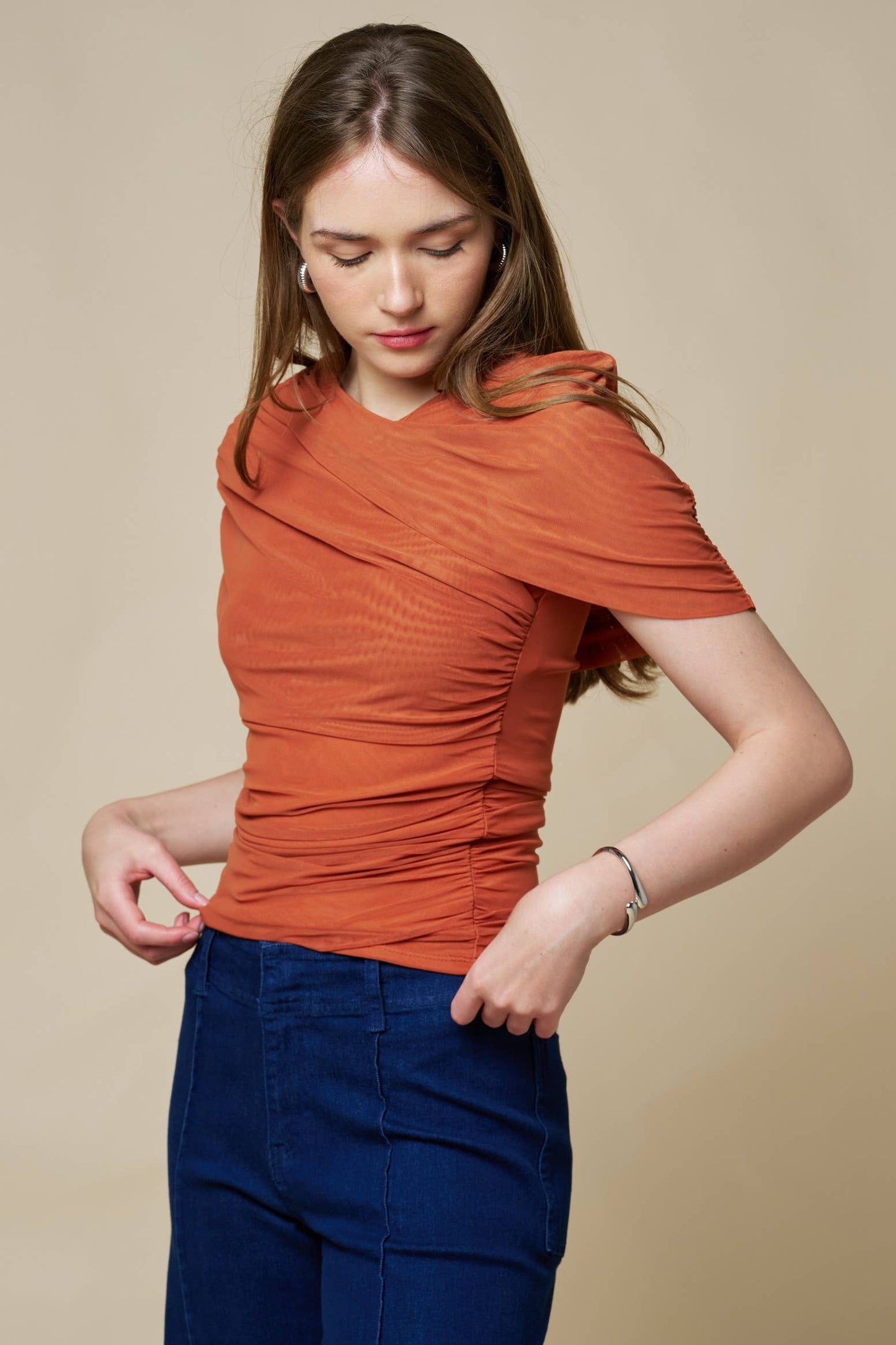 Lalavon - Asymmetrical Ruched Mesh Top  - CHAMBRAY / M