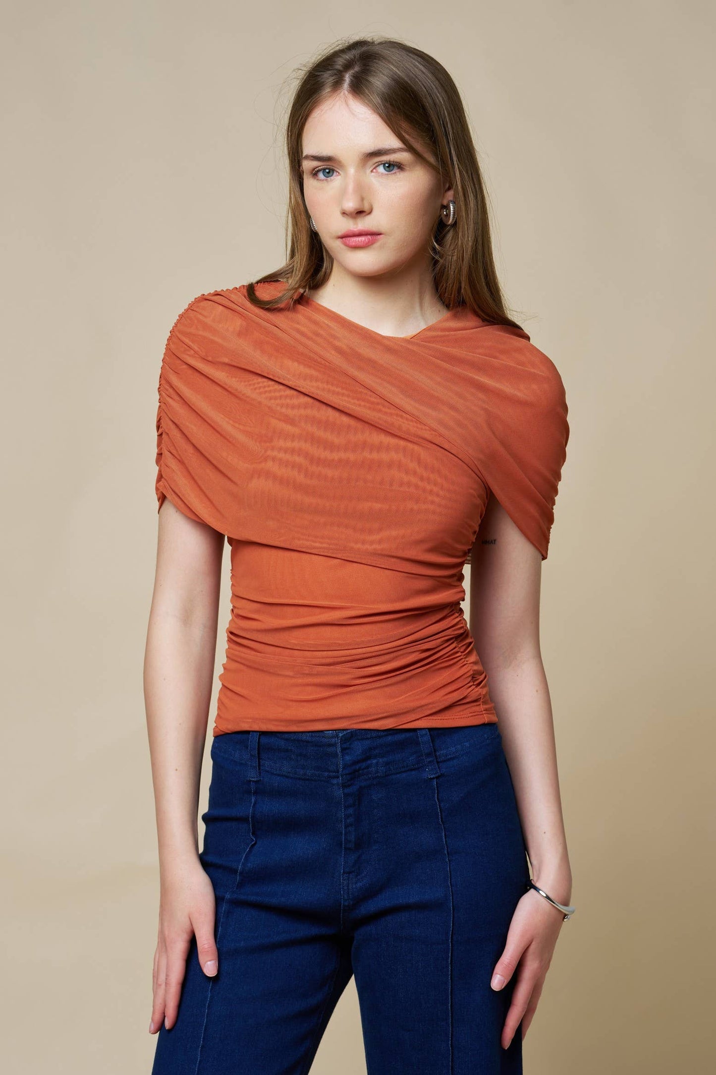 Lalavon - Asymmetrical Ruched Mesh Top  - CHAMBRAY / M