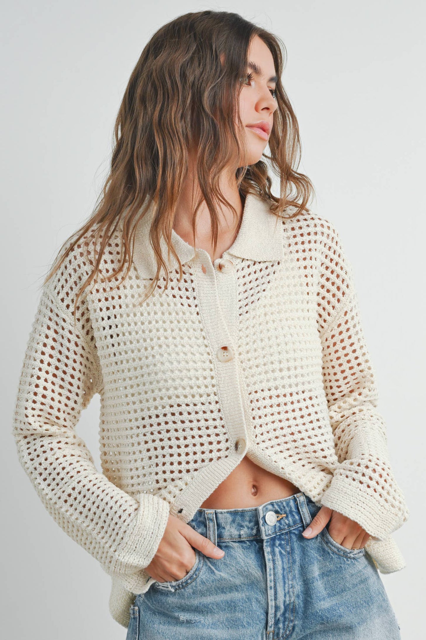 BUTTERMELON - Open Stitch Crochet Collar Cardigan - BMW7465 - Ivory / L