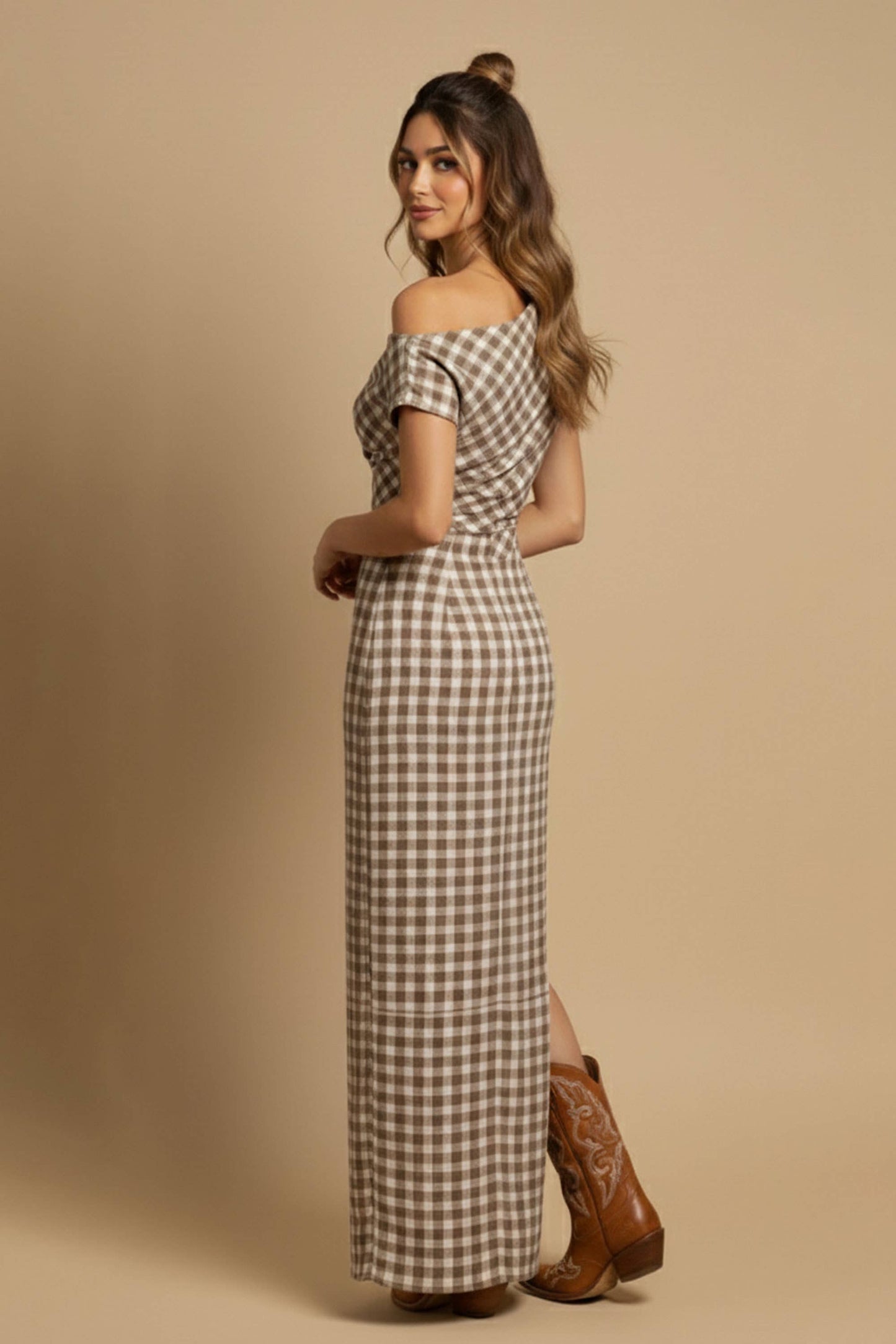 SKYLAR ROSE - Off-Shoulder Gingham Maxi Dress - BEIGE COMBO / S