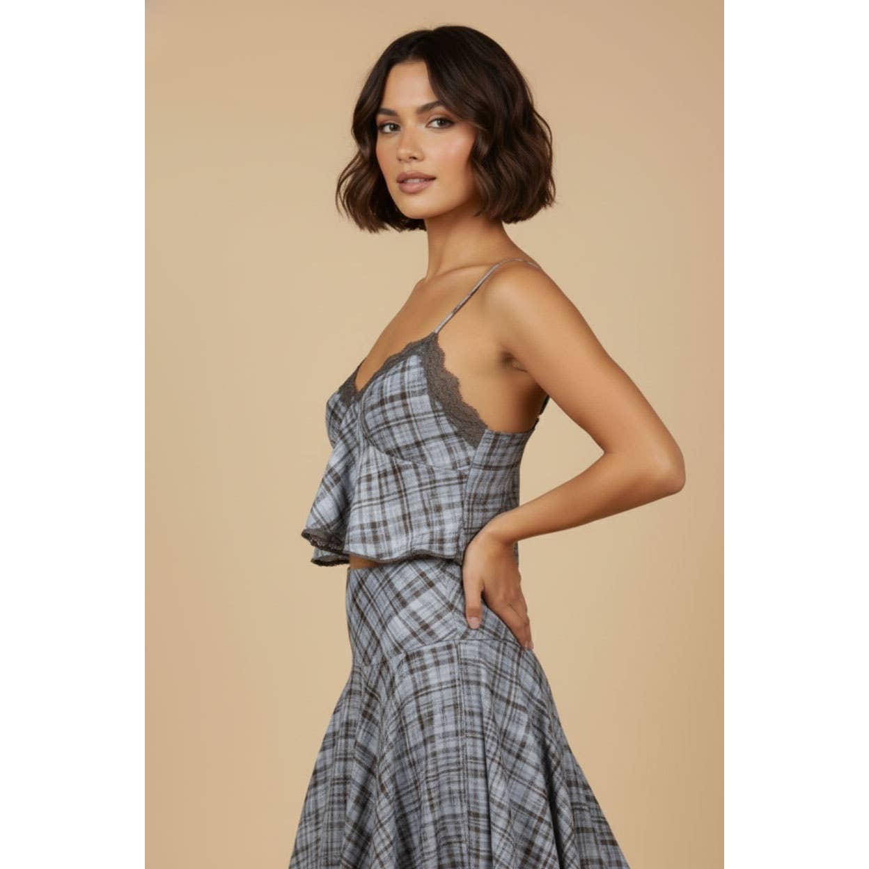 SKYLAR ROSE - Plaid Lace Trim Top and Midi Skirt Set - BLUE COMBO / S