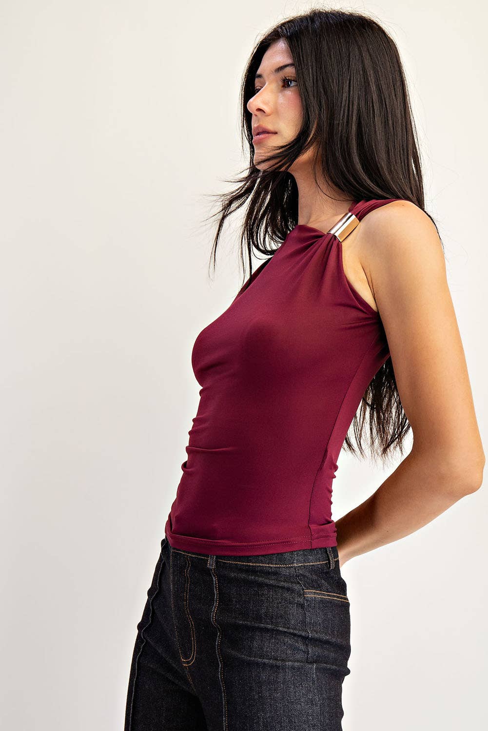 Edit by Nine - Asymmetrical Shoulder Ruched Top with Gold Trim