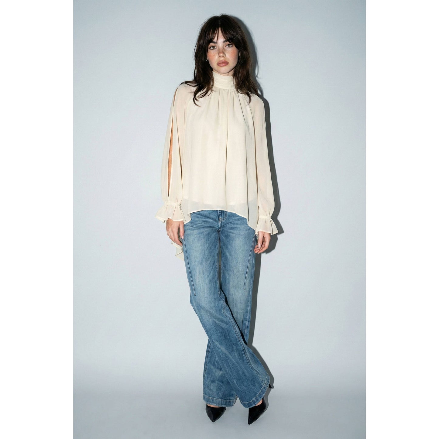 SKYLAR ROSE - Chiffon Cold-Shoulder High-Low Top - DUSTY BEIGE / S