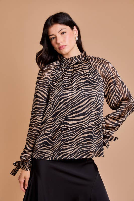Back Tie Neck Shirring Animal Print Top