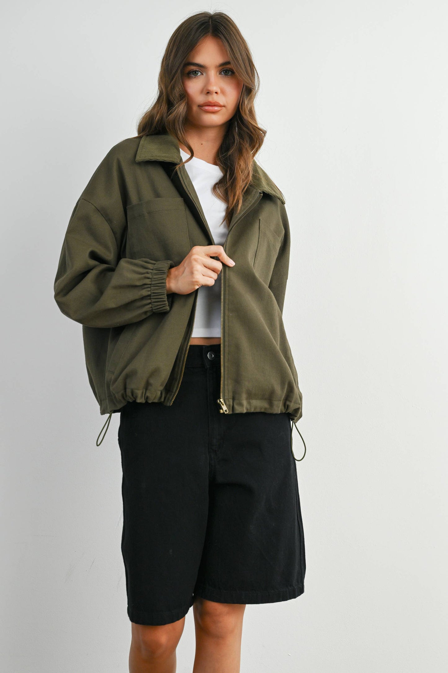 BUTTERMELON - Cord Collar Zip-Front Long Sleeve Jacket - BMJ7780 - KHAKI / L