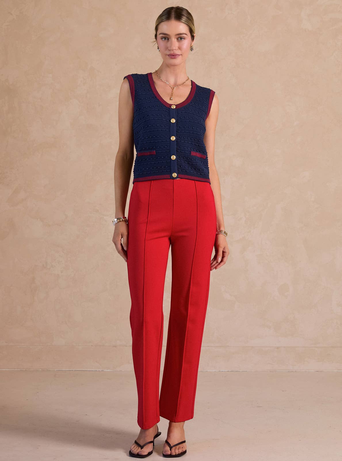 Current Air - Scoop-Neck Button-Up Sweater Vest - Navy Red / S