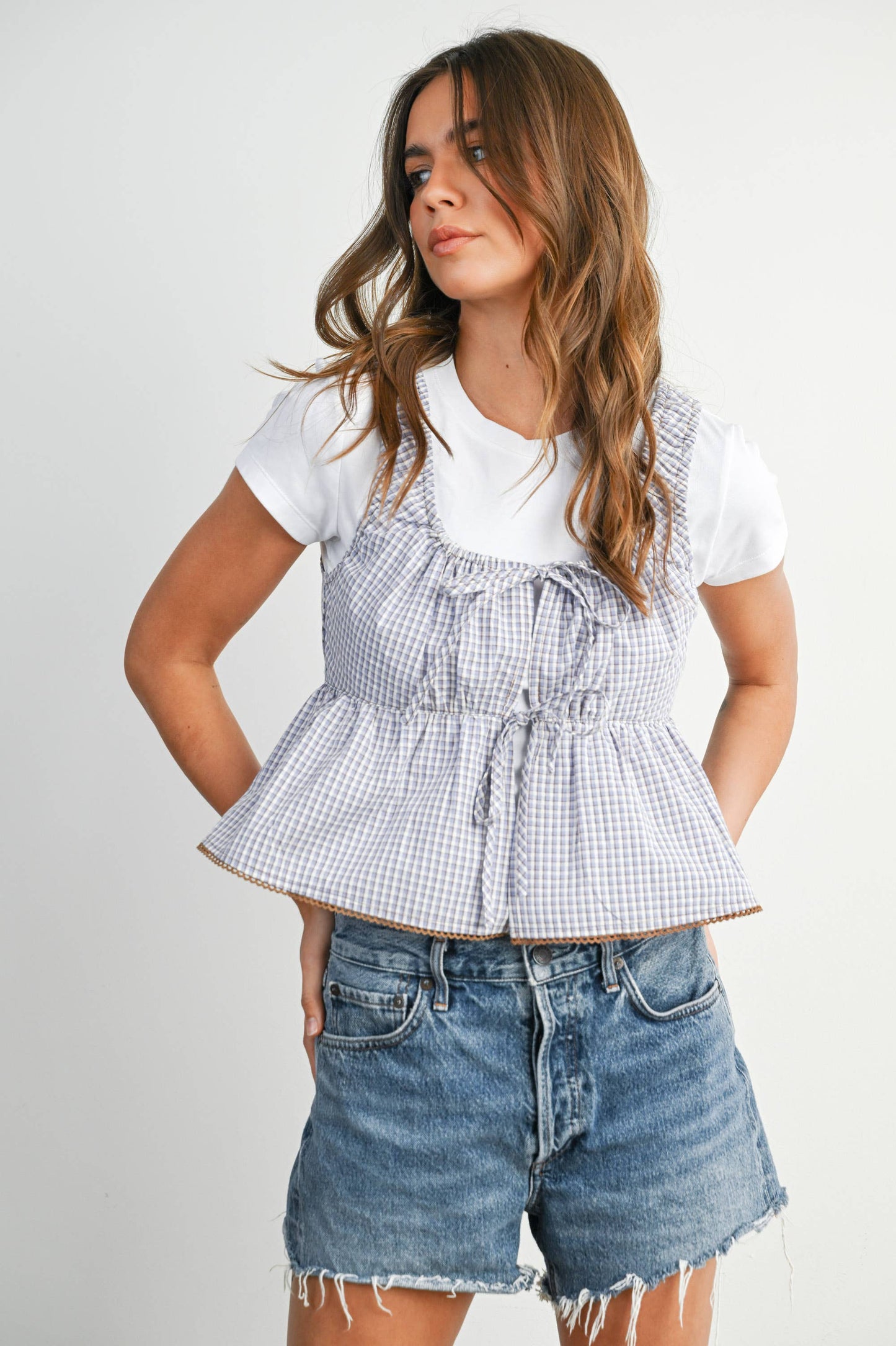BUTTERMELON - Tie-Front Sleeveless Peplum Top - BMT7875 - BROWN MULTI / S