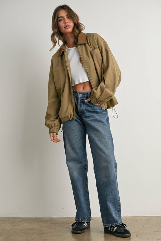 BUTTERMELON - Cord Collar Zip-Front Long Sleeve Jacket - BMJ7780 - KHAKI / M