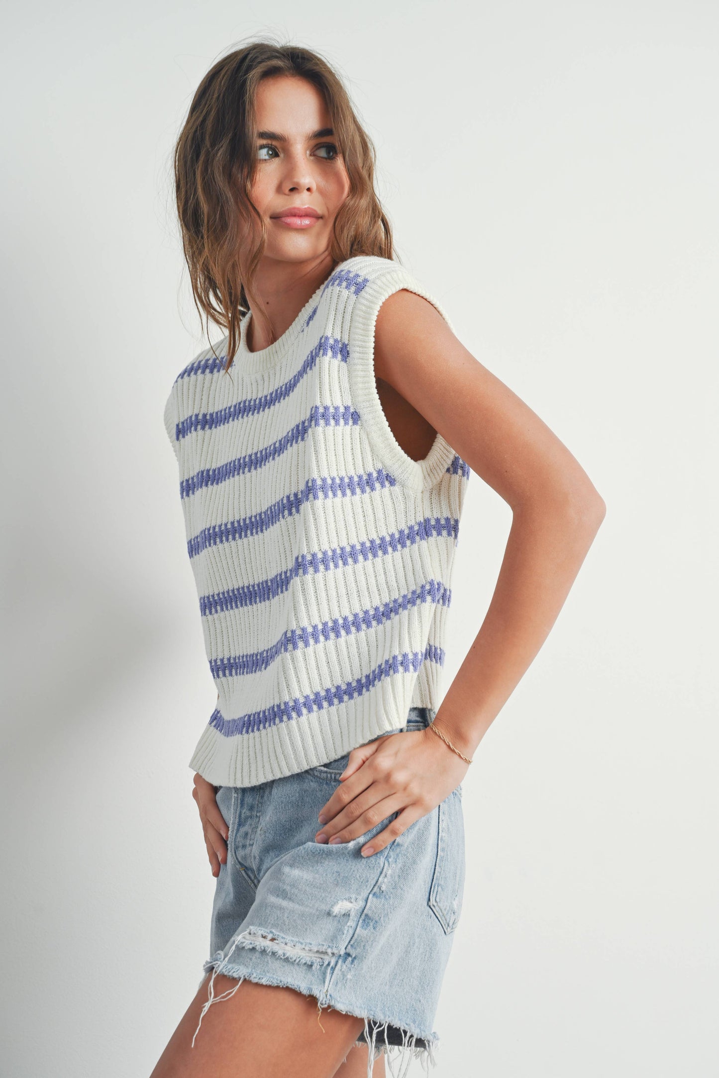 Crew Neck Striped Knit Tank Top