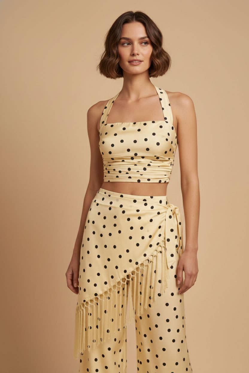 SKYLAR ROSE - Polka Dot Halter Top and Fringe Pants Set - YELLOW COMBO / S