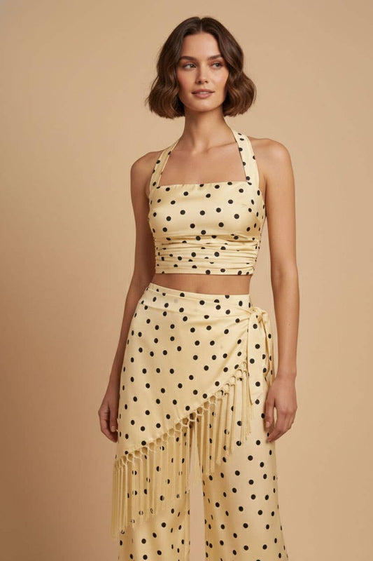 SKYLAR ROSE - Polka Dot Halter Top and Fringe Pants Set - YELLOW COMBO / M