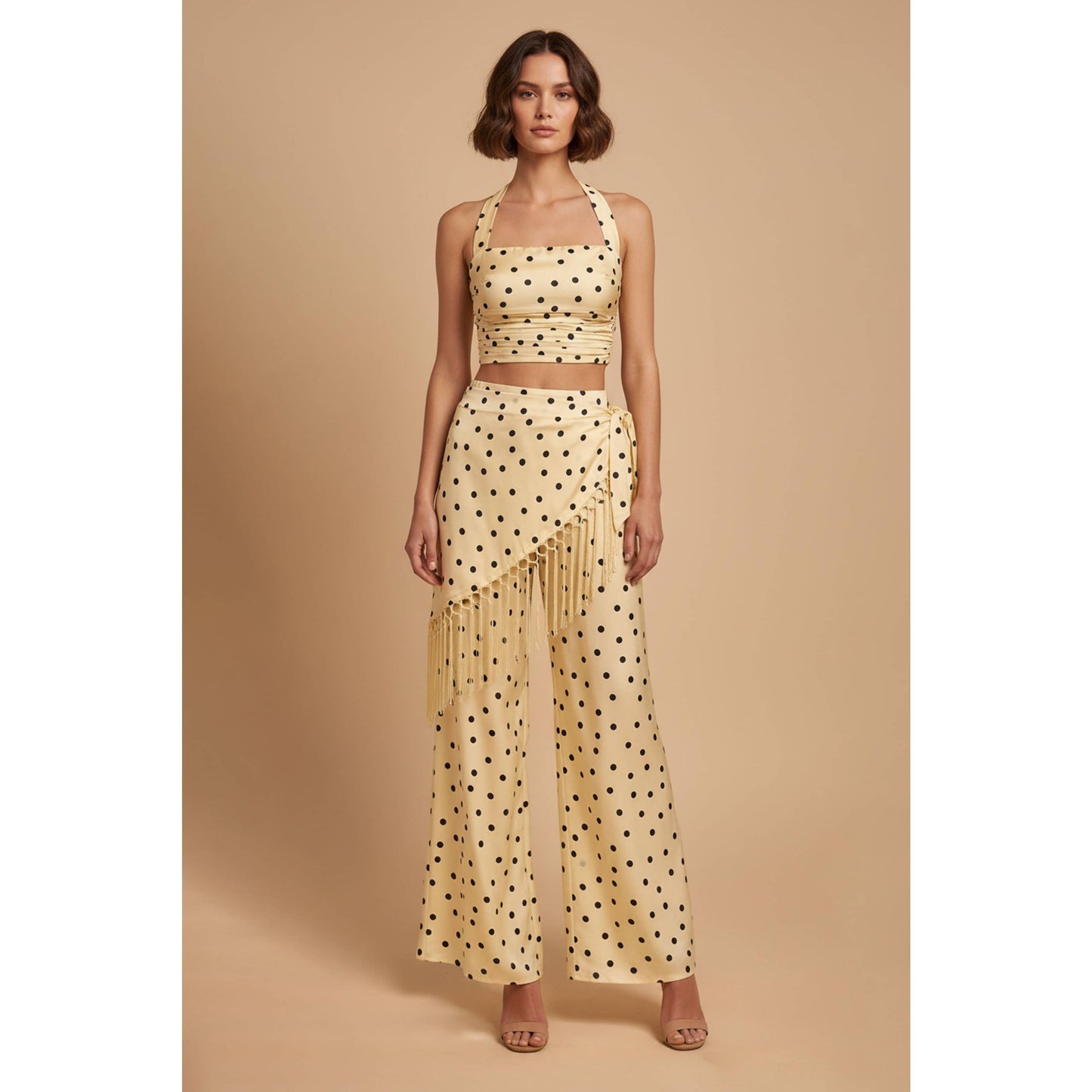 SKYLAR ROSE - Polka Dot Halter Top and Fringe Pants Set - YELLOW COMBO / L
