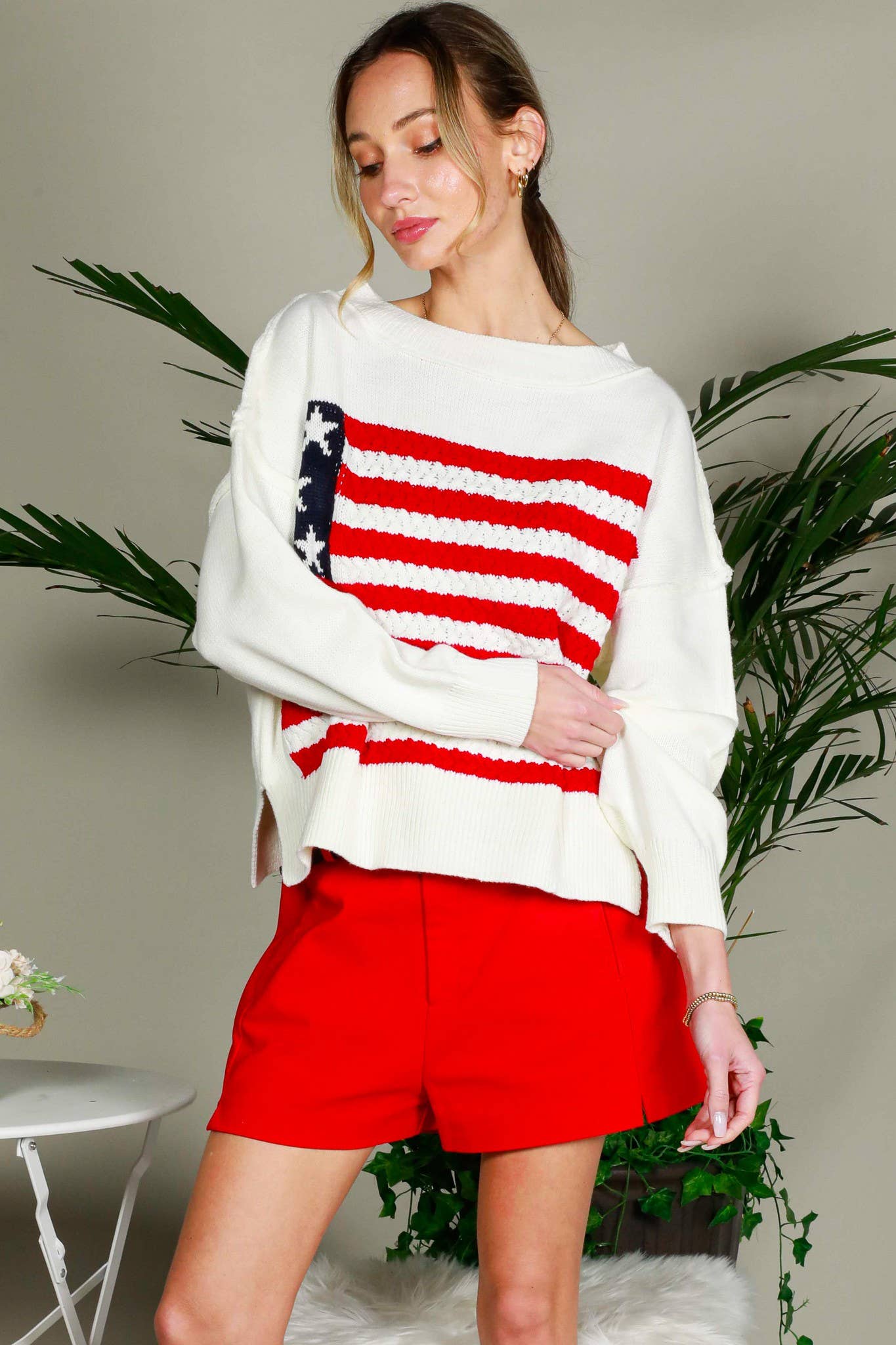 USA Flag Boat Neck Knit Sweater Top VT82059