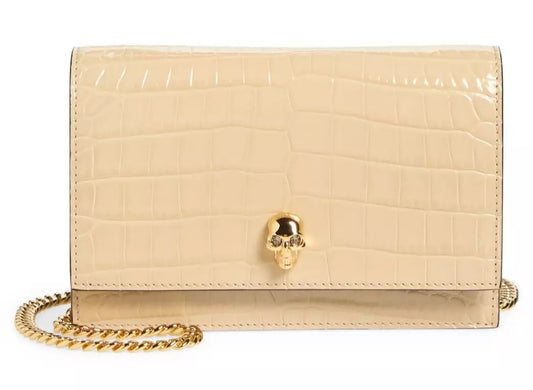 Alexander McQueen Mini Skull Croc Embossed Leather Crossbody Bag in Sand